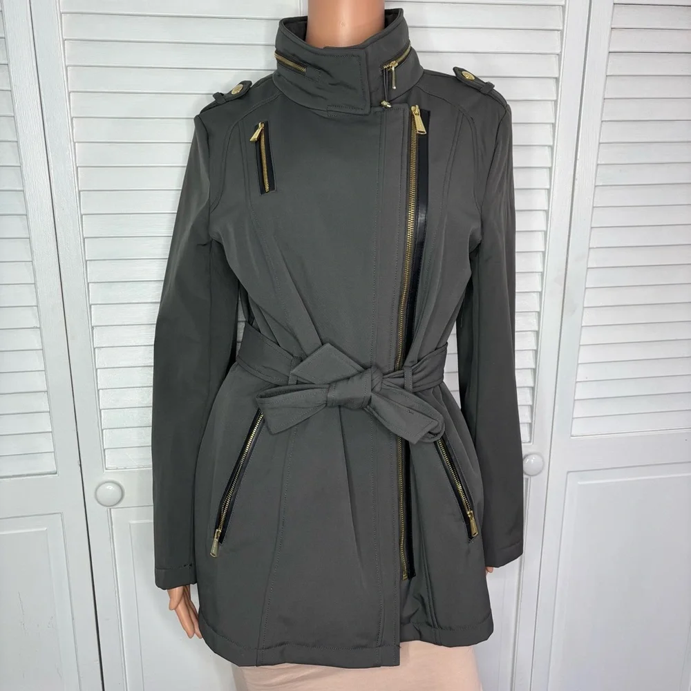 MICHAEL Michael Kors Belted Softshell Jacket in Dark Charcoal Grey Size Small